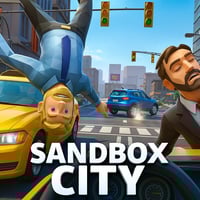 A man is upside down in a yellow car in a game called Sandbox City.
